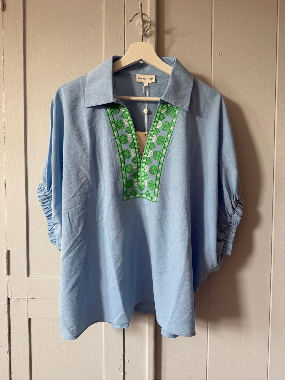 Entro Light Blue Tunic Top with Green Embroidered Placket - Picture 1 of 2